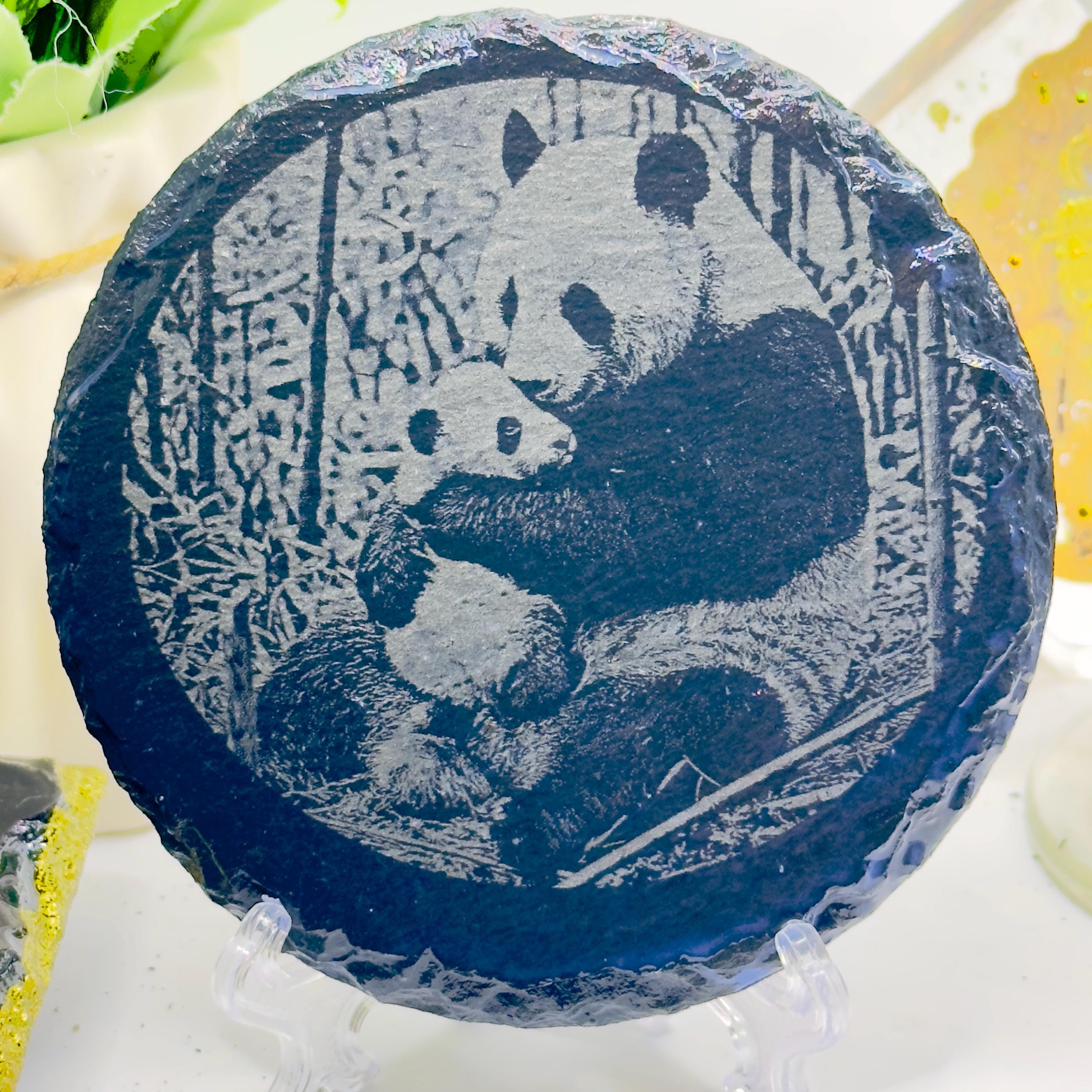 Panda with Cub Slate Coaster | Cute Panda Mother & Baby | Wildlife Art Coaster | Laser Engraved Natural Slate Gift
