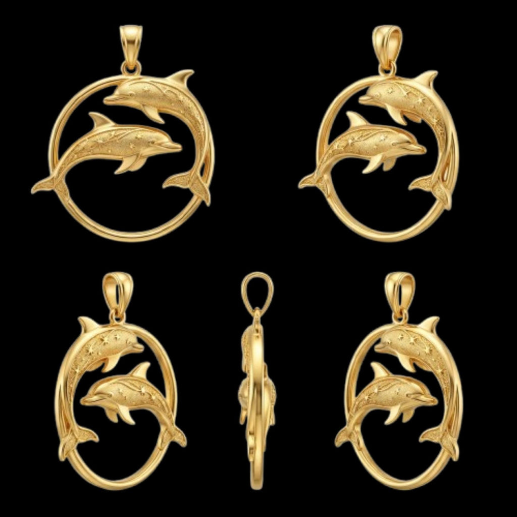 Dolphin Pendant necklace in gold or sterling silver by MokshaGoldSculptures, two dolphins leaping in a circle, four angles shown.