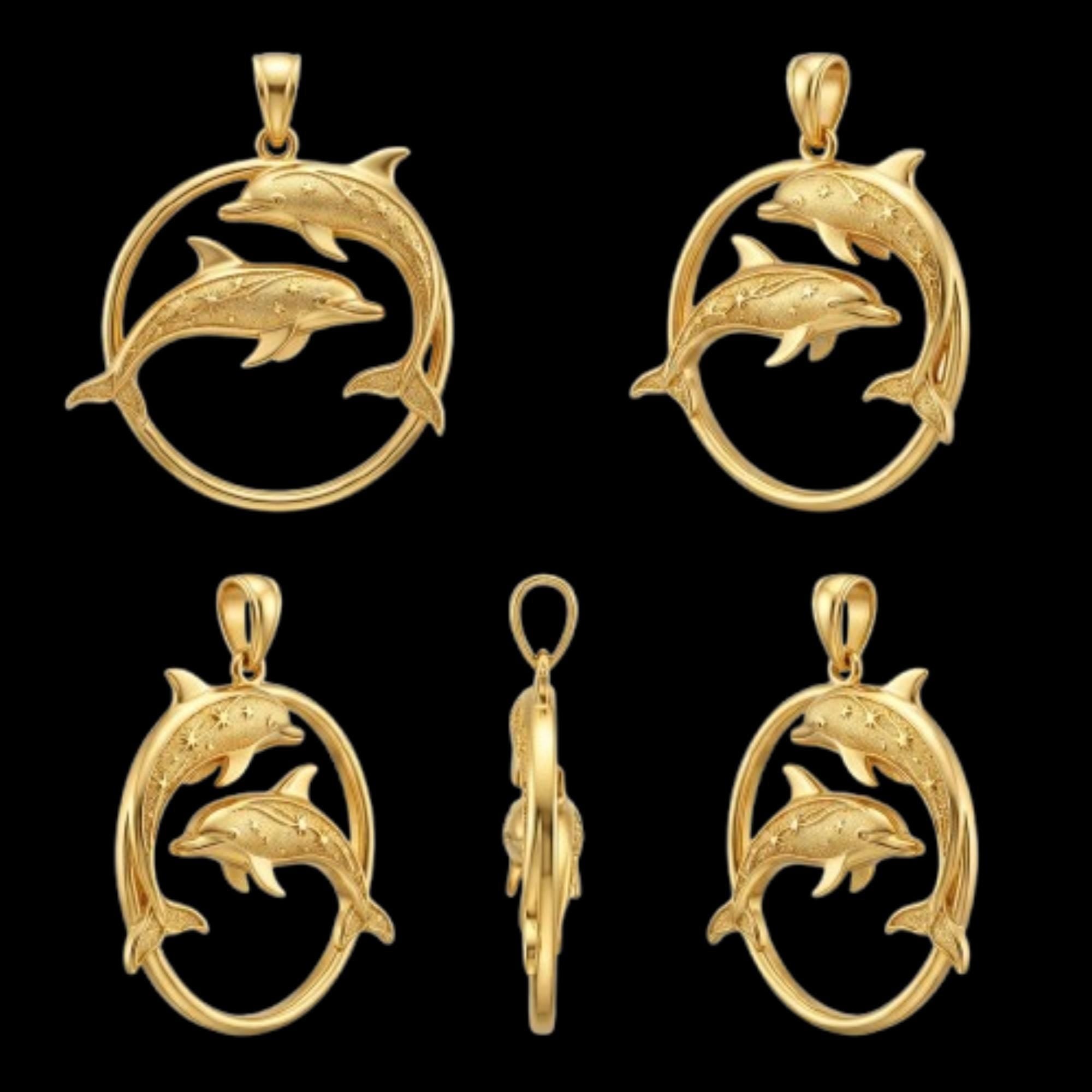 Dolphin Pendant necklace in gold or sterling silver by MokshaGoldSculptures, two dolphins leaping in a circle, four angles shown.