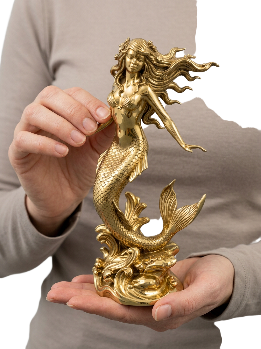 Polished Brass Mermaid Sculpture by MokshaGoldSculptures, luxury decor with shimmering scales, held in hand.