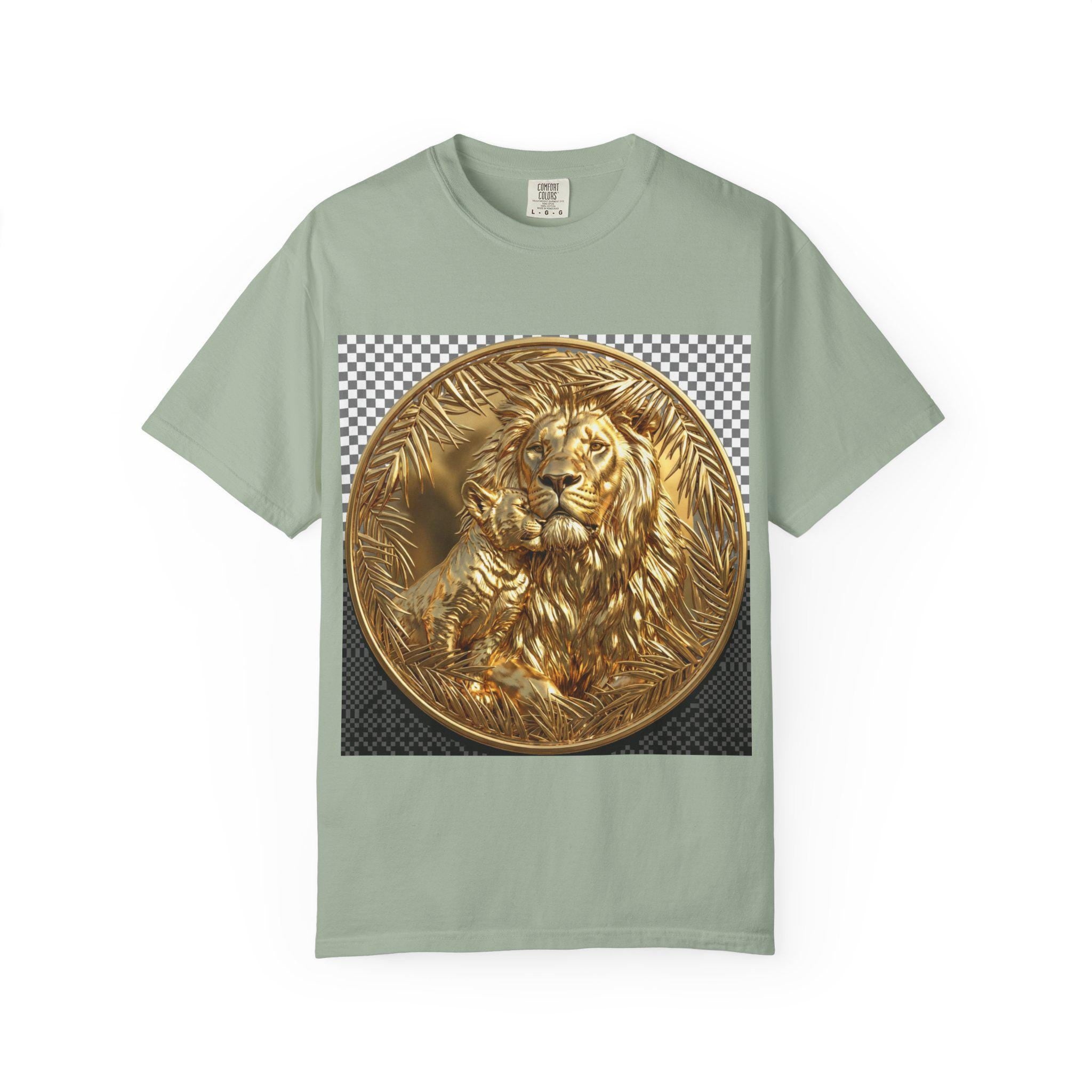 Majestic Lion with Cub Hugging Powerful Father and Cub Wildlife Gold Print T-Shirt