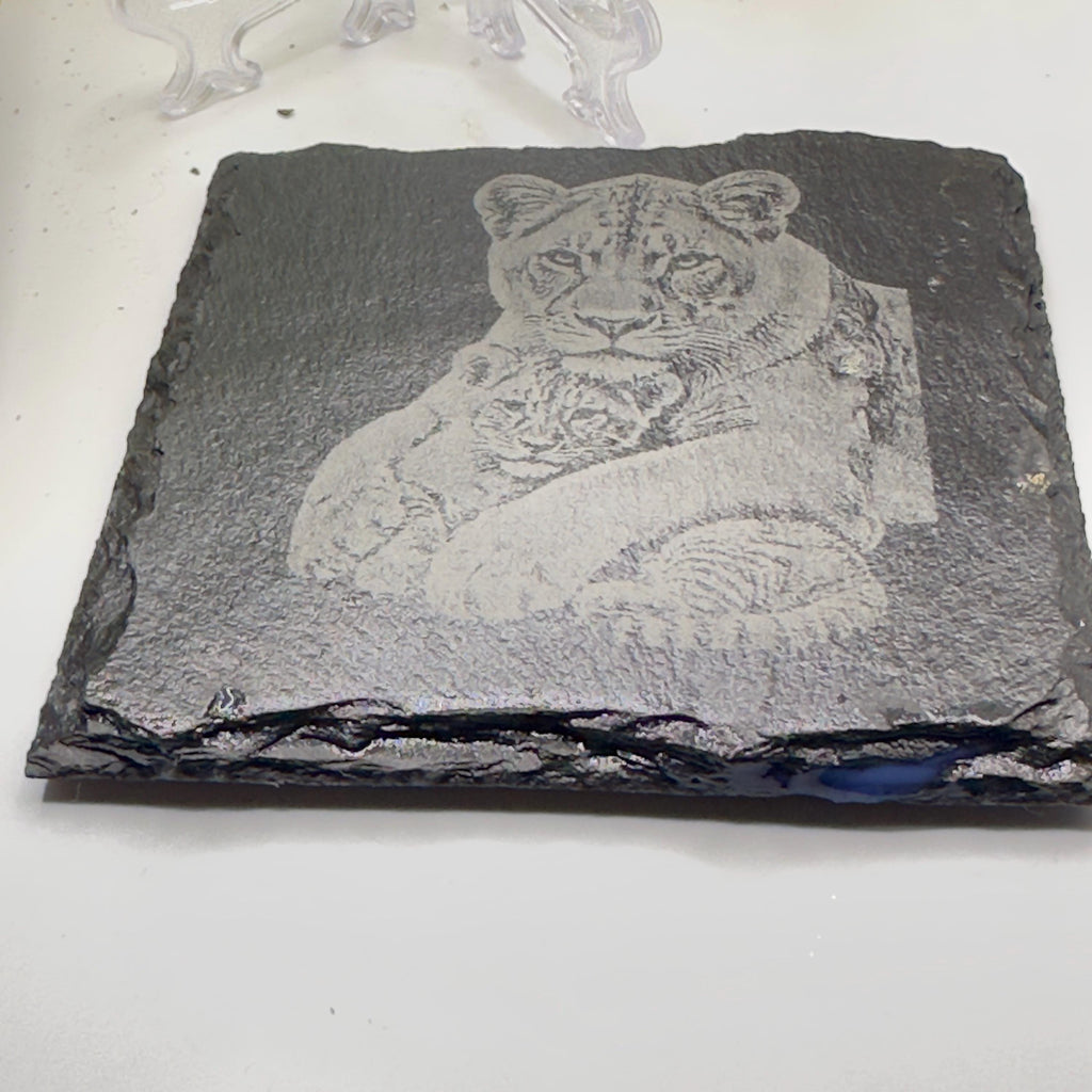 Lioness Hugging Cub Slate Coaster | Mother & Baby Lion Wildlife Art | Laser Engraved Natural Slate | Animal Lover Gift