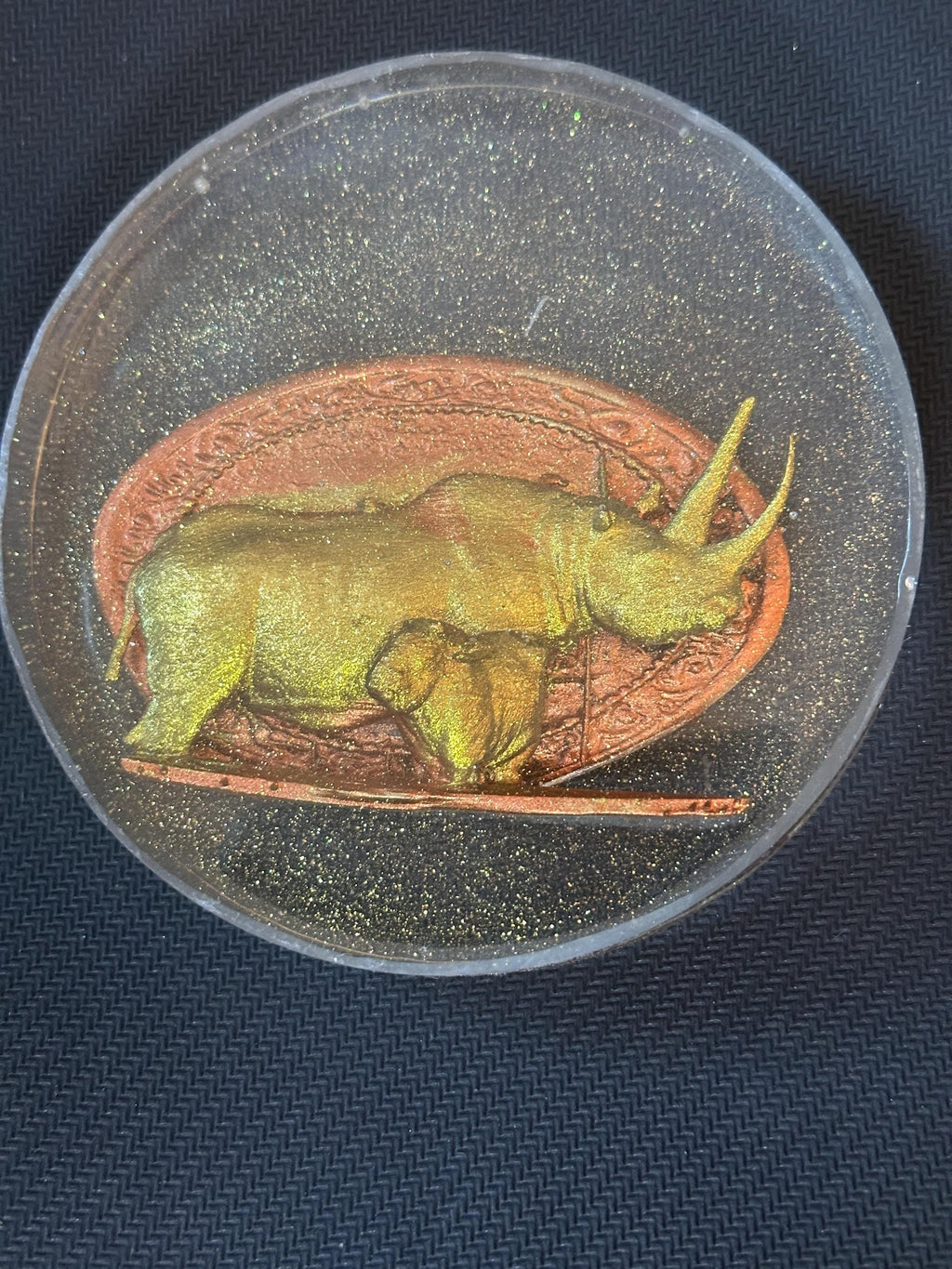 Rhinoceros with Cub – Gold Resin Coaster on Copper Background