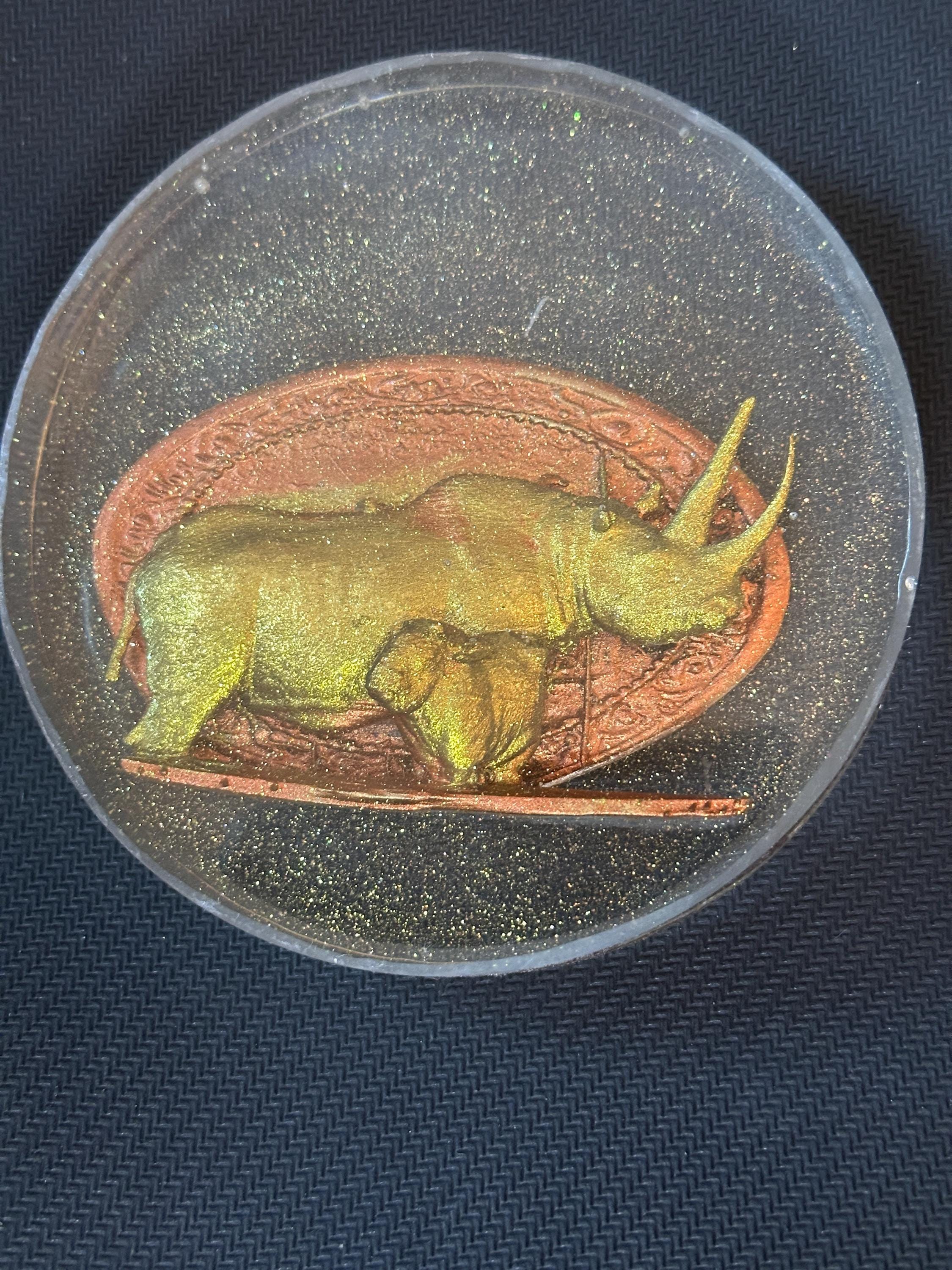 Rhinoceros with Cub – Gold Resin Coaster on Copper Background