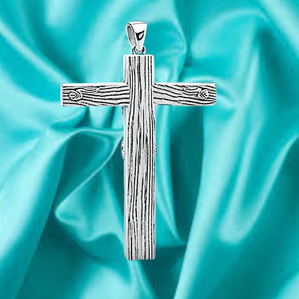 Polished Silver & Brass Crucifix Pendant 25x8x12mm – Wood Texture Cross – INRI Religious Charm