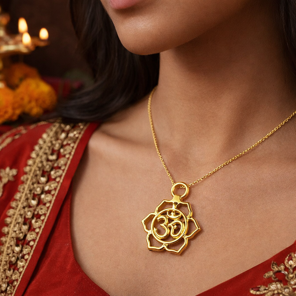 Golden Om Lotus Pendant 35x30mm – Ornamental Mandala Jewelry Charm – Casting Ready STL Design