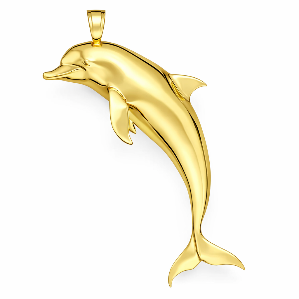 Solid Gold Dolphin Pendant 29mm – 10K 14K 18K Yellow White Rose Gold – Ocean Jewelry Charm – Marine Life Necklace