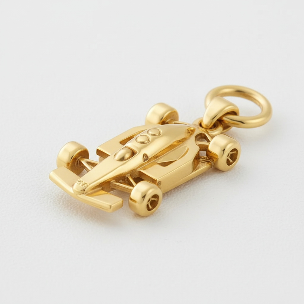 F1 Racing Car Pendant – Silver & Brass Motorsport Charm | 35x15x6mm