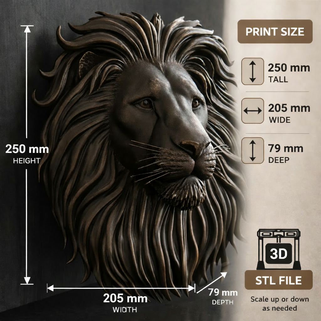Lion Head Wall Mount PLA Sculpture 250mm | 3D Printed Lion Wall Art | Large Wall Decor | Handmade Animal Sculpture