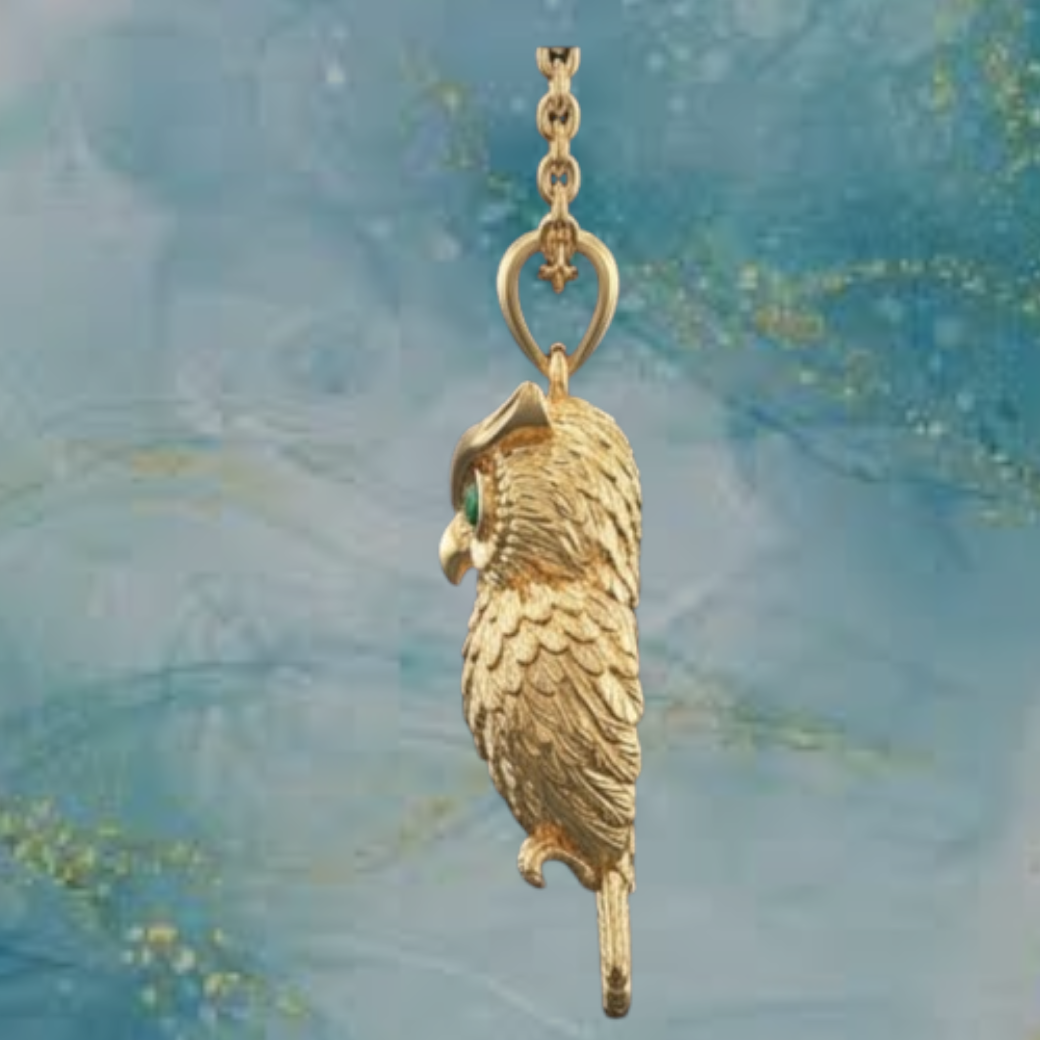 Exotic Owl Pendant with Prominent Eyes – Gold Finish, Available in Sterling Silver – 3D Detailed Design