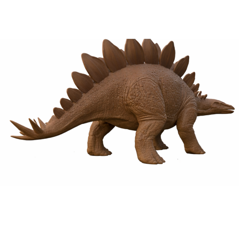 Stegosaurus dinosaur pendant in polished gold by MokshaGoldSculptures, detailed plates and spiked tail on white background.