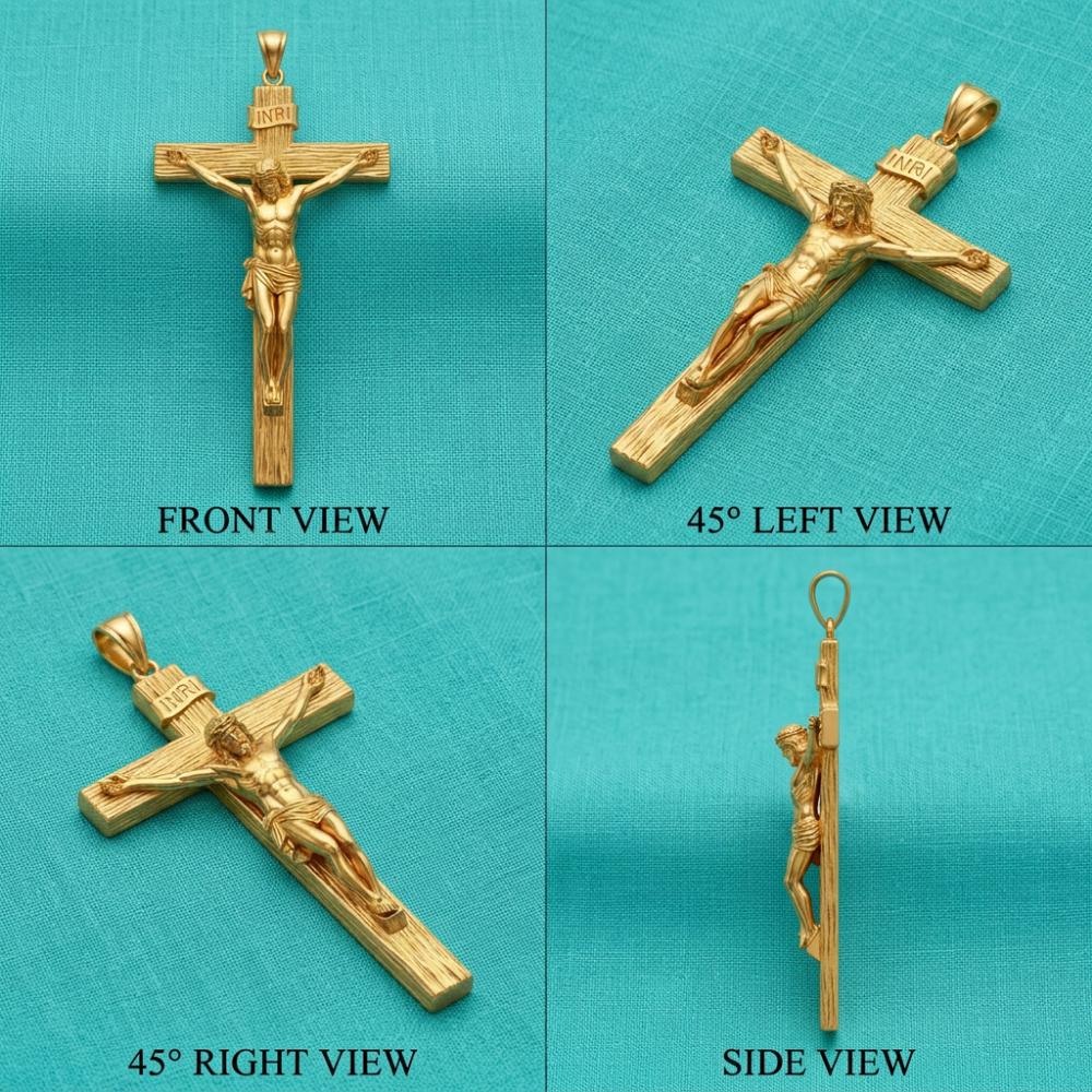 Crucifix Pendant in polished silver or brass by MokshaGoldSculptures, shown from four angles against turquoise background.
