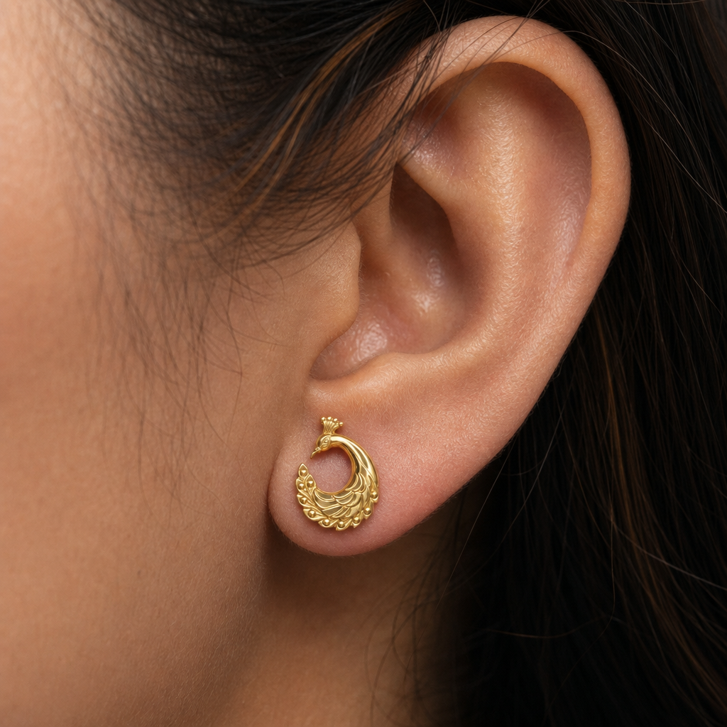 Peacock Stud Earrings – 9K Gold, Sterling Silver 925 or Polished Brass | Elegant Peacock Bird Earrings | Nature Inspired Jewellery | Handmade Gift for Her