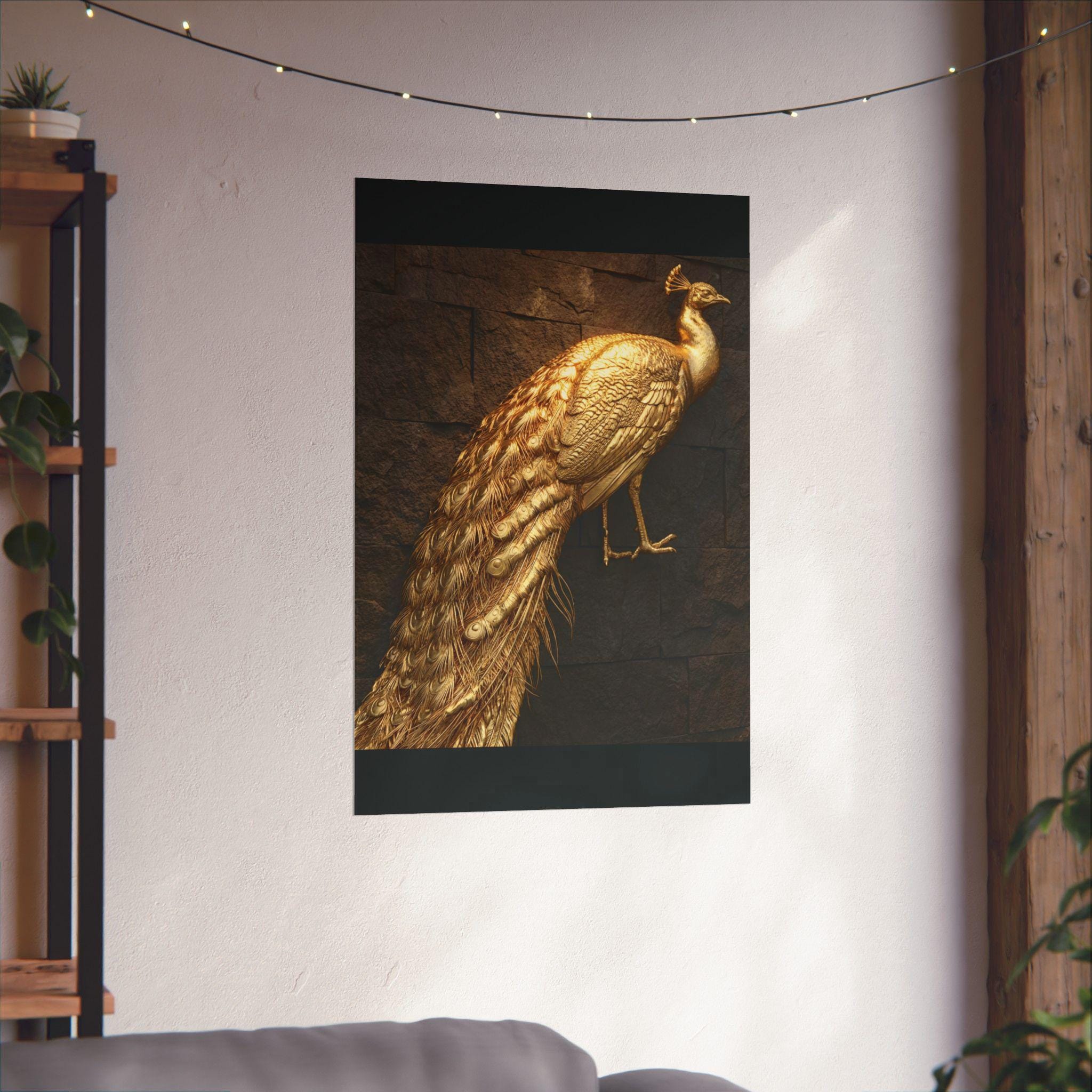 Golden Peacock Poster on Dark Brick Wall, Exotic Wildlife Wall Art, Elegant Home Decor