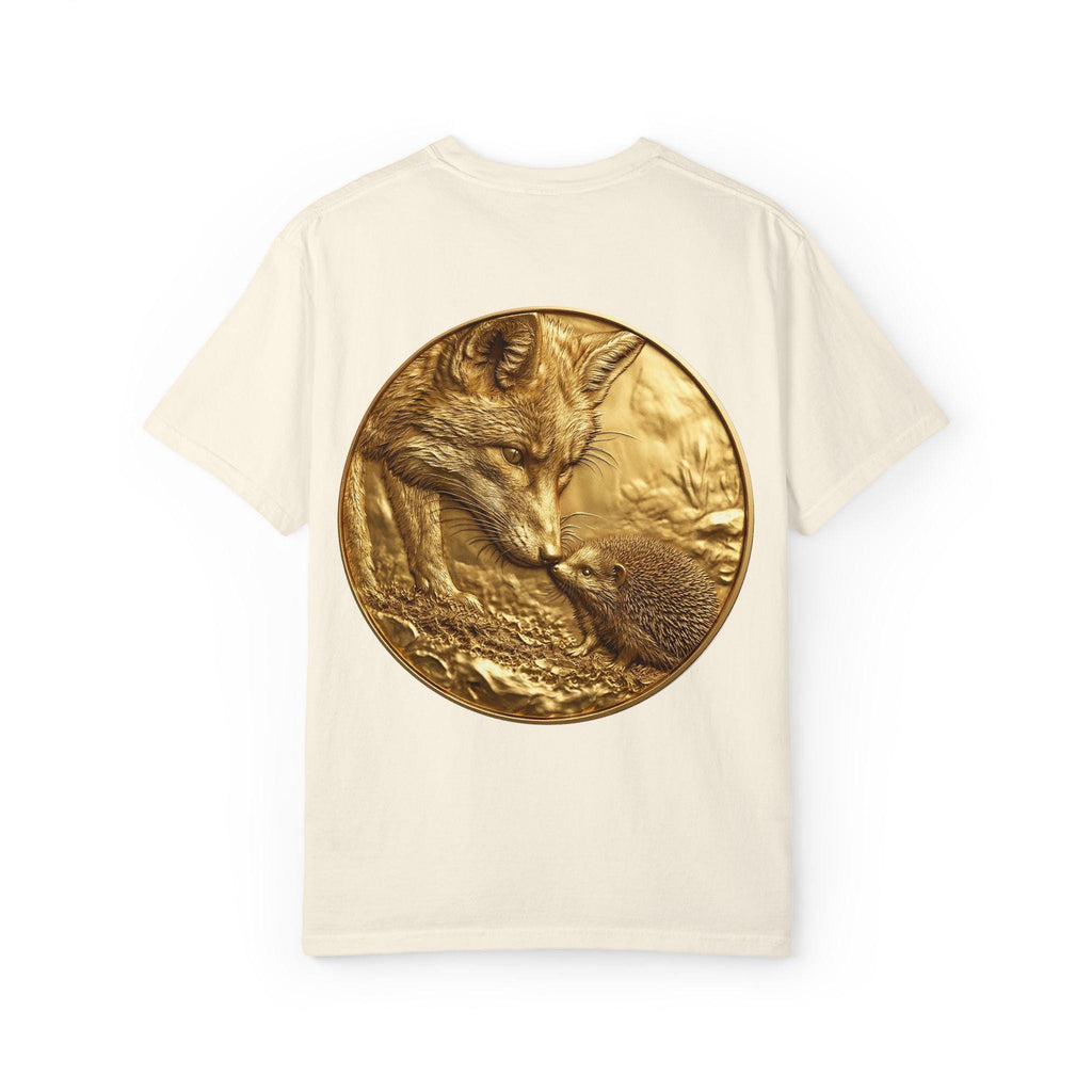 Golden Fox and Hedgehog T-Shirt  Curious Wildlife Scene in Luxury Gold Print Design