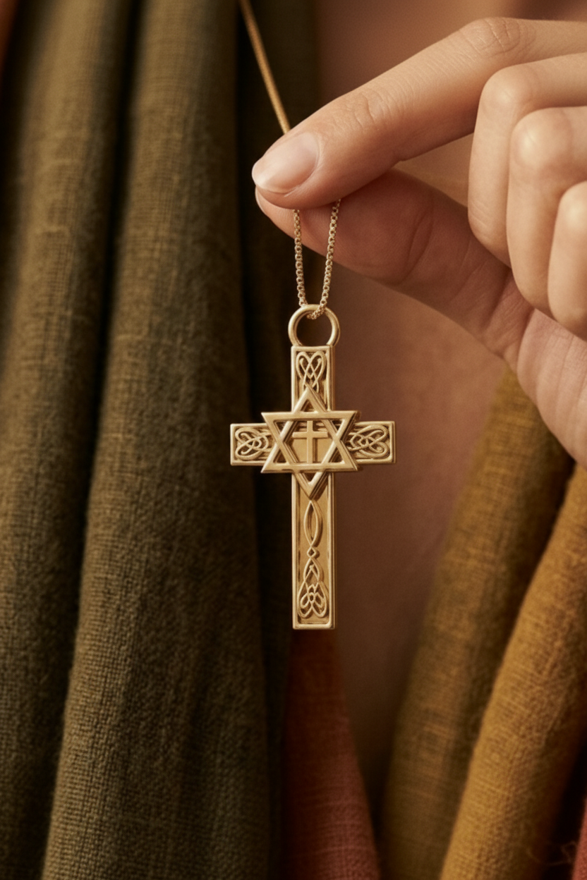 Celtic Cross with Star of David Pendant Necklace | Interfaith Jewellery | 18K Gold & Sterling Silver