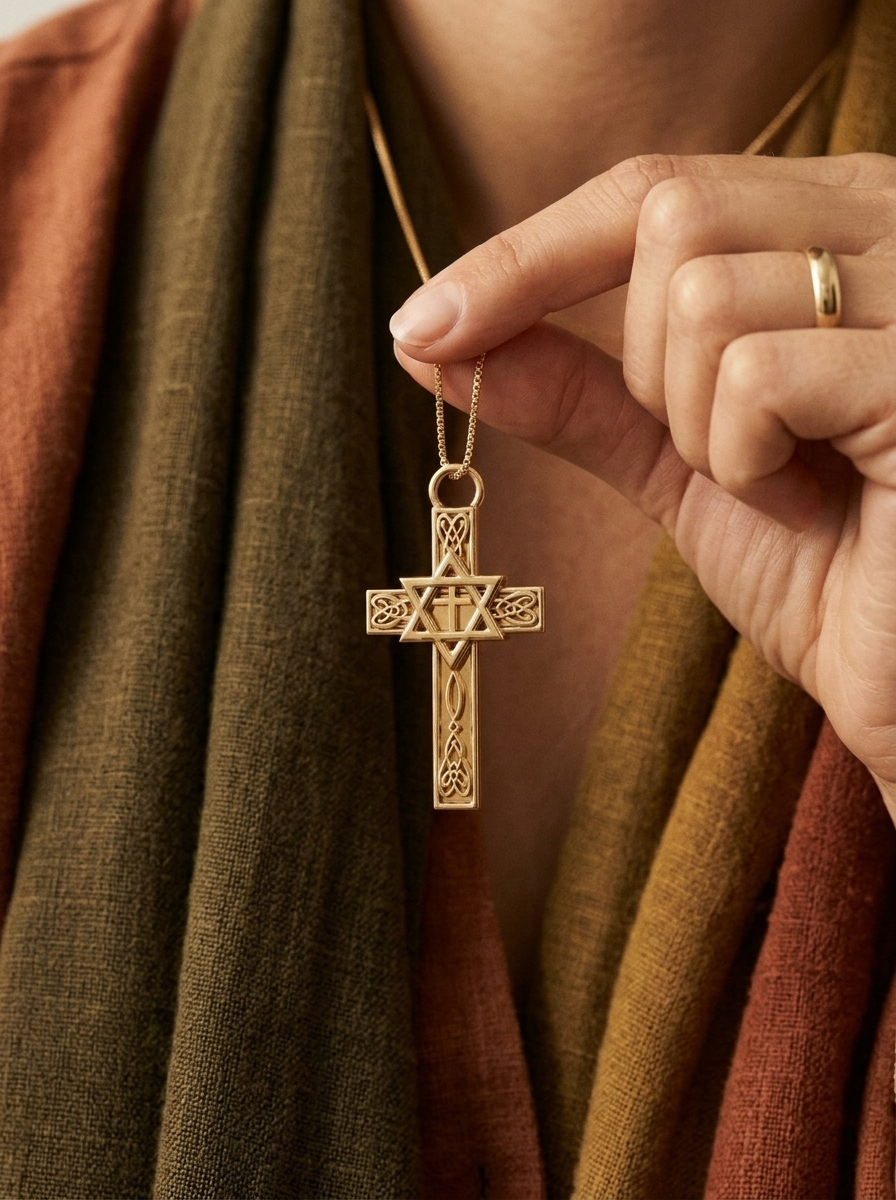 Celtic Cross with Star of David Pendant Necklace | Interfaith Jewellery | 18K Gold & Sterling Silver