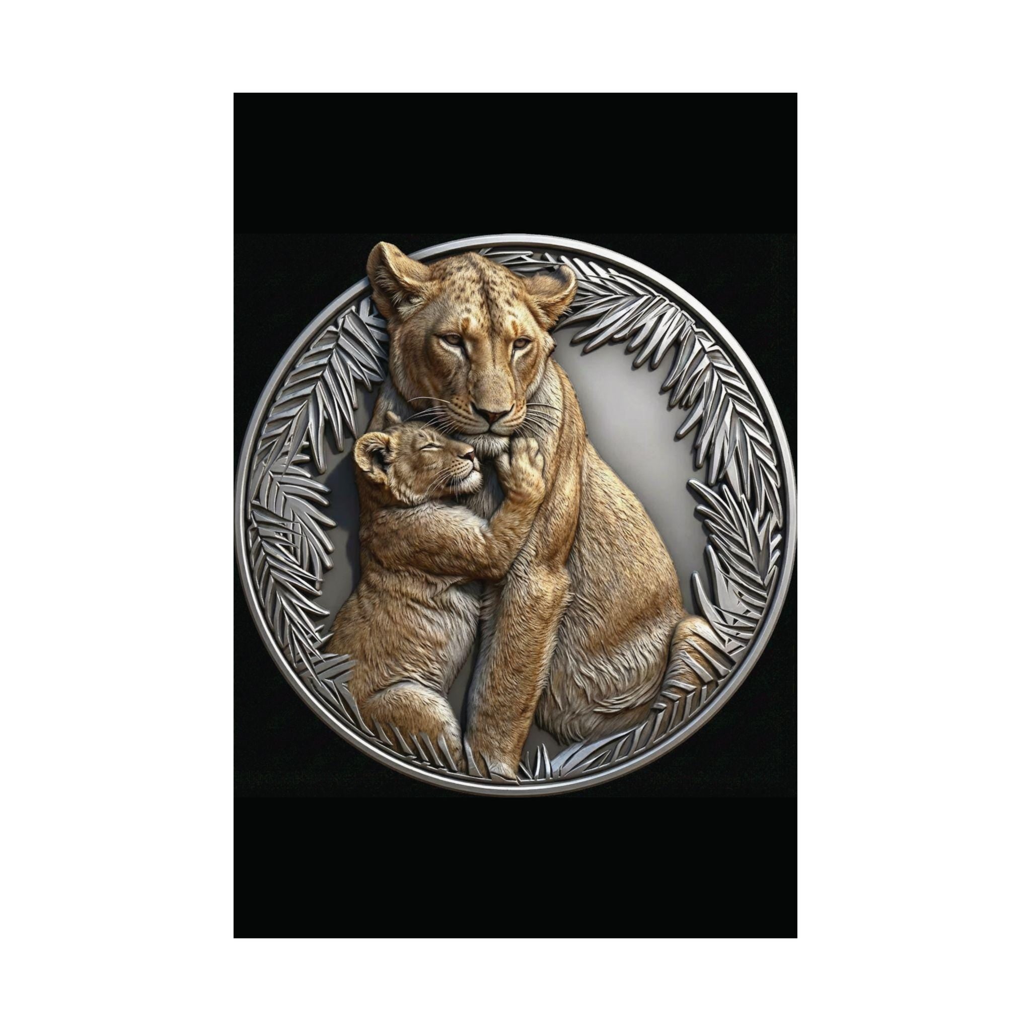 Lioness cub hug wall mount poster | natural color lion wall art | silver jungle frame