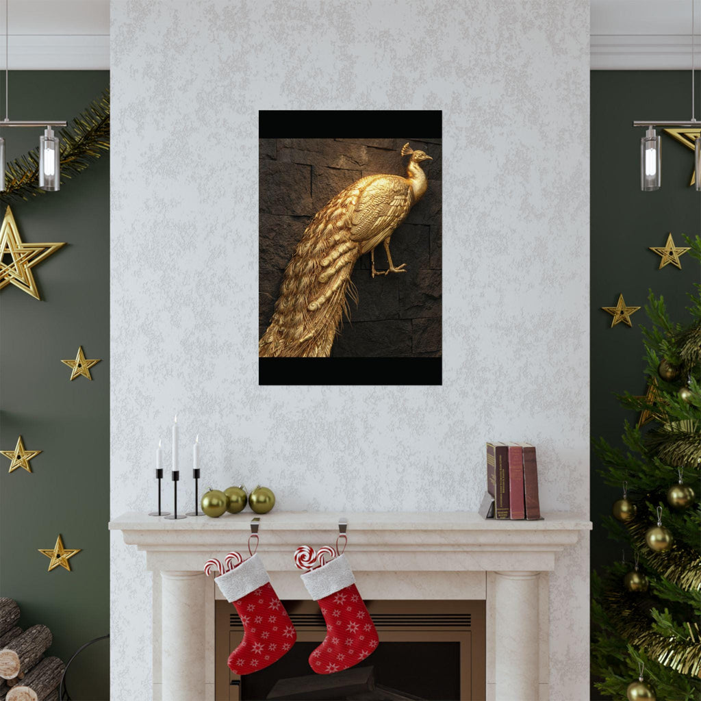 Golden Peacock Poster on Dark Brick Wall, Exotic Wildlife Wall Art, Elegant Home Decor