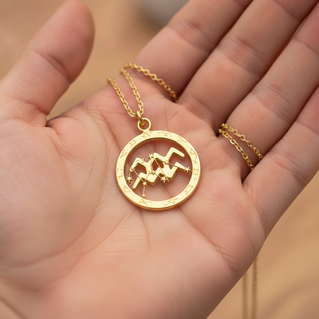 Aquarius Symbol Zodiac Pendant Necklace, 25mm Aquarius Constellation Pendant, Water Bearer Astrology Necklace, 9K Gold, Sterling Silver or Yellow Brass Gift