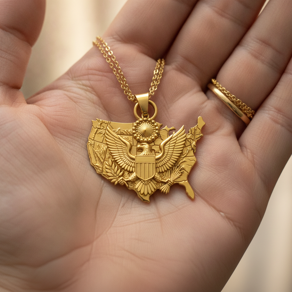 USA Eagle Map Pendant Necklace, 25mm Patriotic USA Necklace, American Eagle Jewellery, 250th Anniversary Gift, 9K Gold, Sterling Silver or Brass