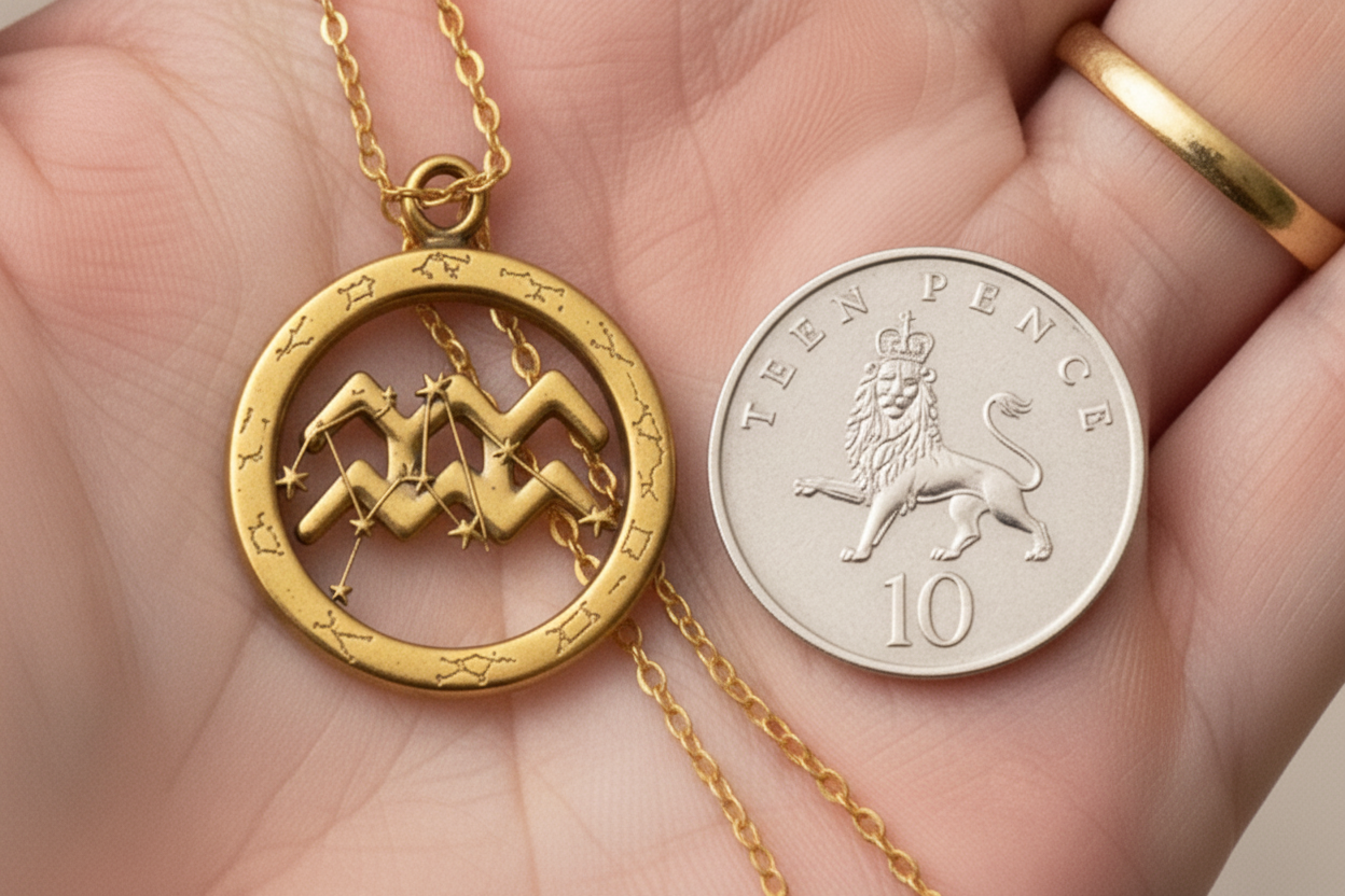 Aquarius Symbol Zodiac Pendant Necklace, 25mm Aquarius Constellation Pendant, Water Bearer Astrology Necklace, 9K Gold, Sterling Silver or Yellow Brass Gift