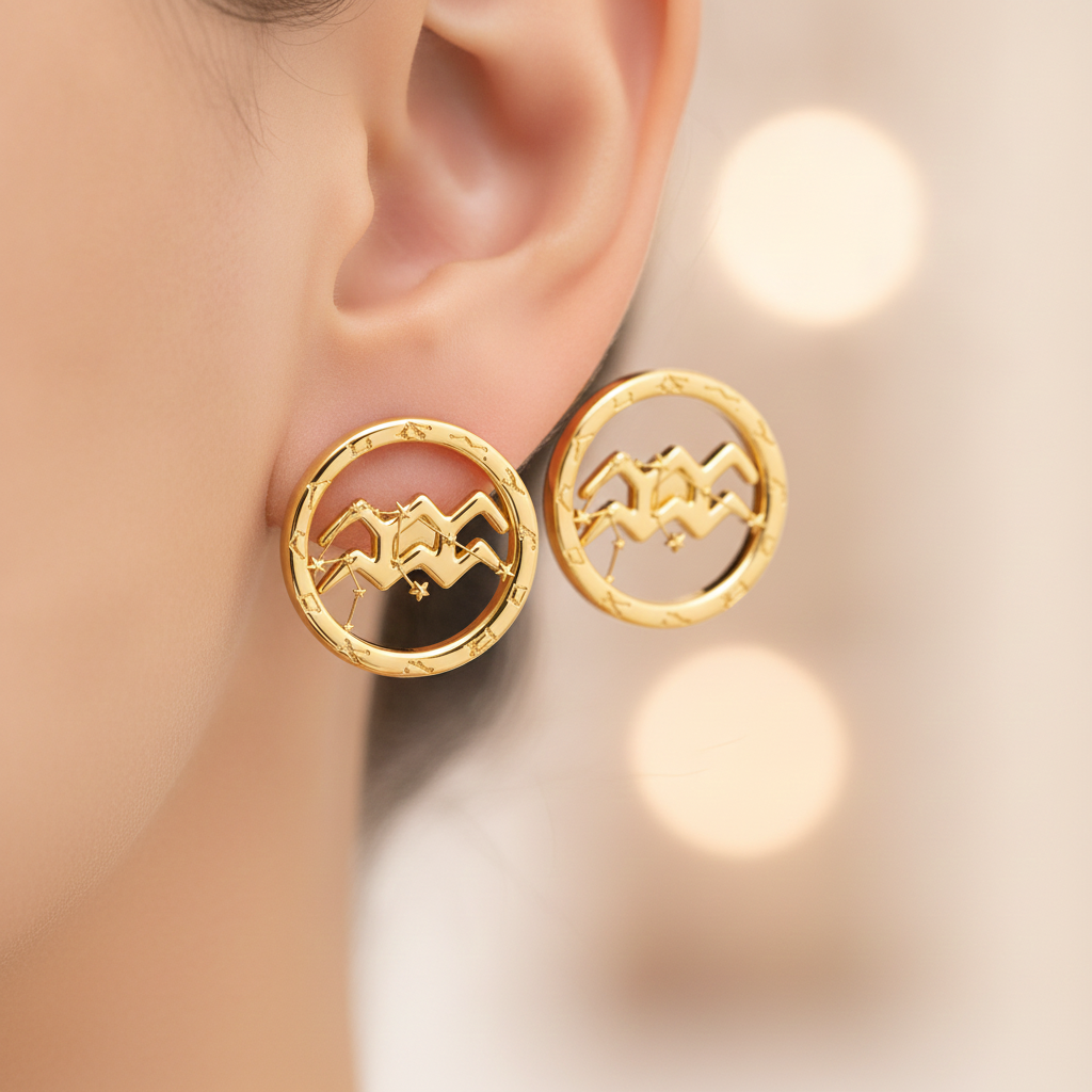 Aquarius Zodiac Stud Earrings, 18mm Astrology Earrings, Water Bearer Constellation Earrings, 9K Gold, Sterling Silver or Yellow Brass Gift
