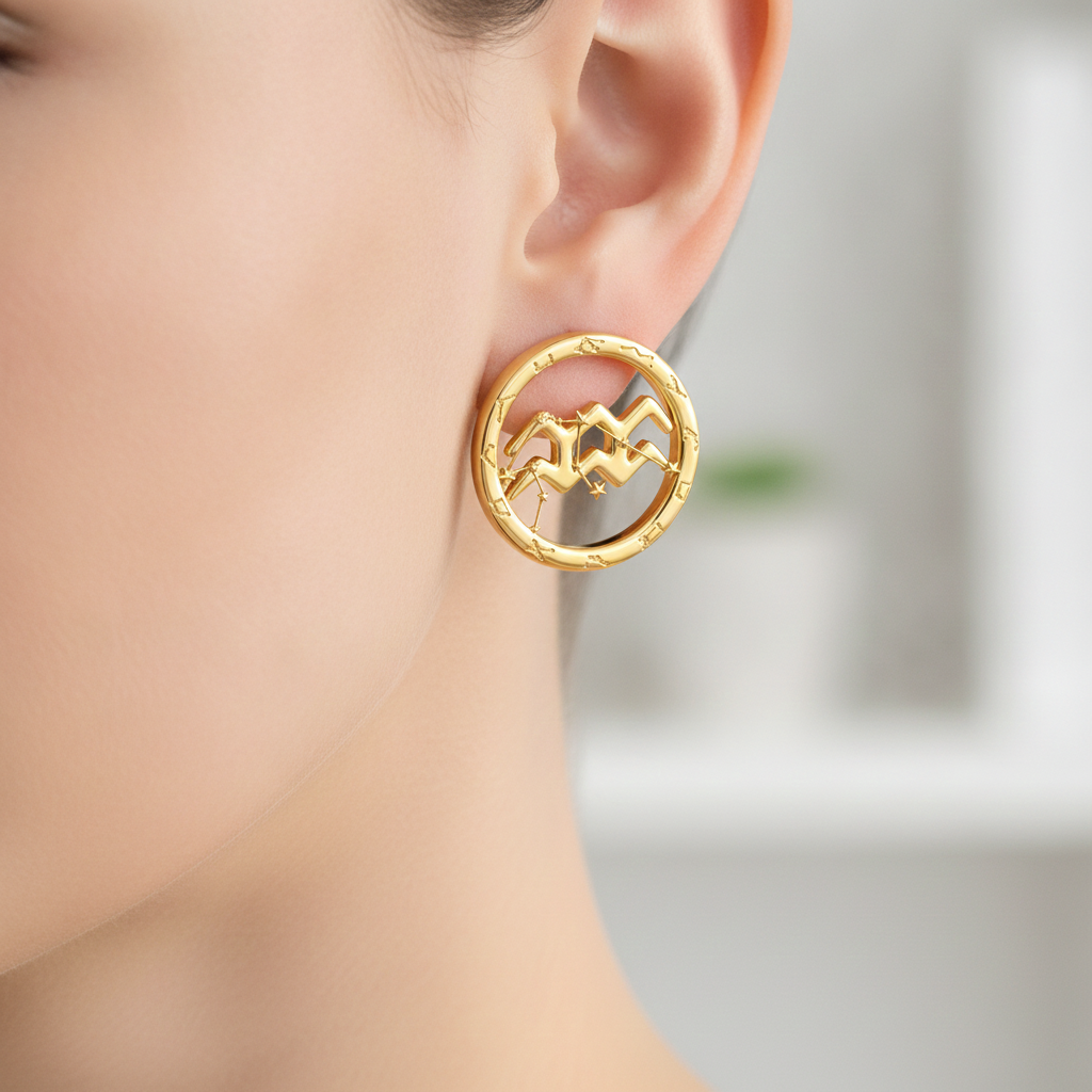 Aquarius Zodiac Stud Earrings, 18mm Astrology Earrings, Water Bearer Constellation Earrings, 9K Gold, Sterling Silver or Yellow Brass Gift