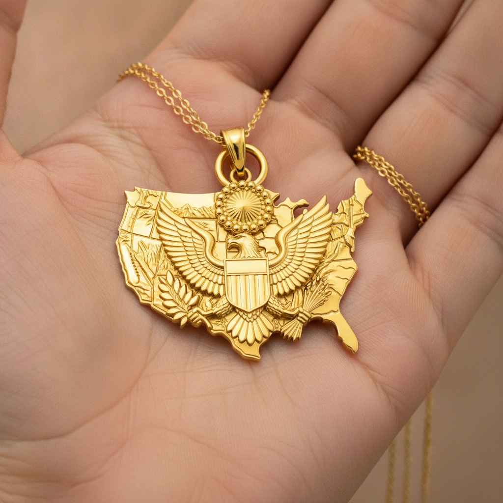 USA Eagle Map Pendant Necklace, 250th Anniversary America Necklace, 9K Gold, Sterling Silver or Brass, Patriotic Gift, USA Map Jewellery