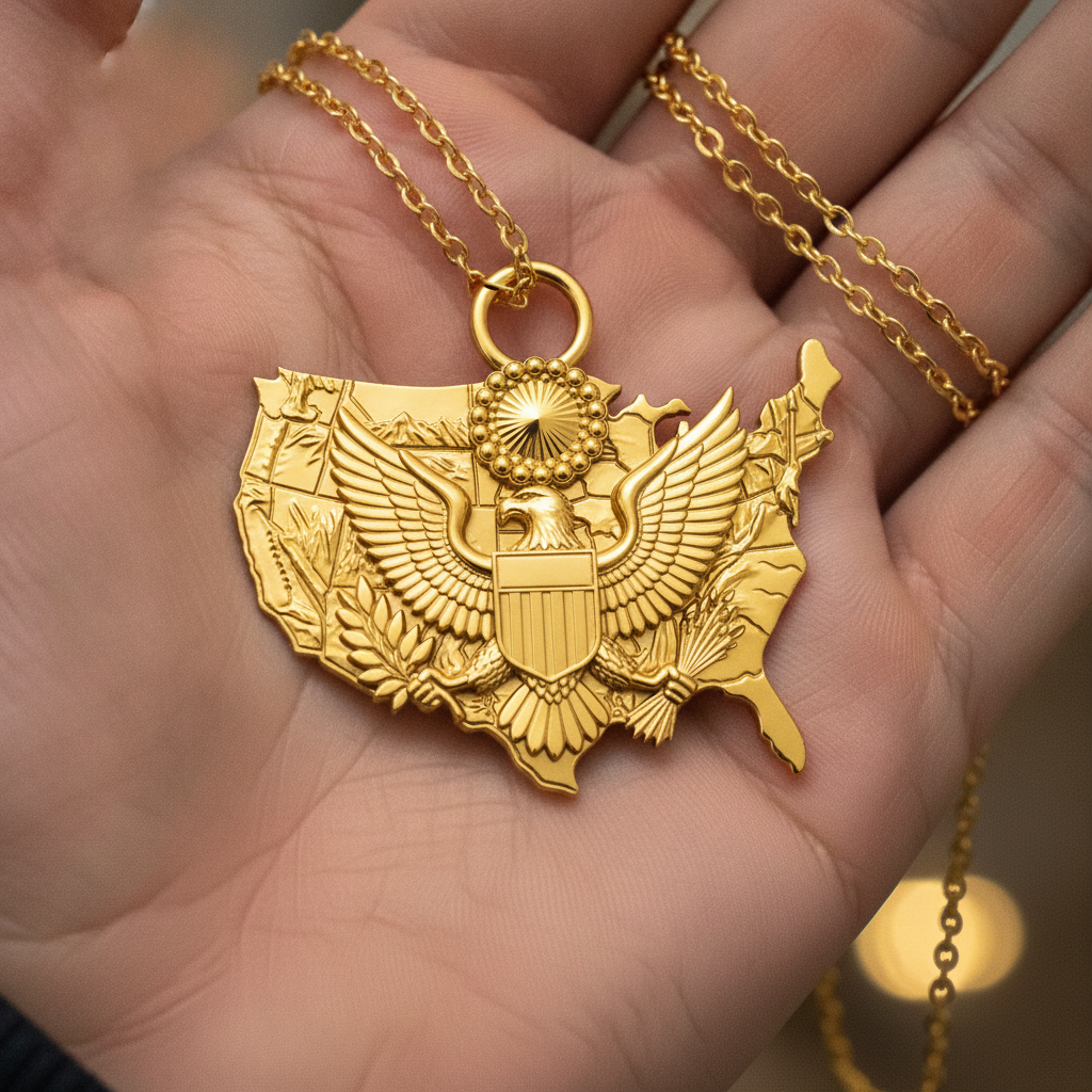 USA Eagle Map Pendant Necklace, 250th Anniversary America Necklace, 9K Gold, Sterling Silver or Brass, Patriotic Gift, USA Map Jewellery