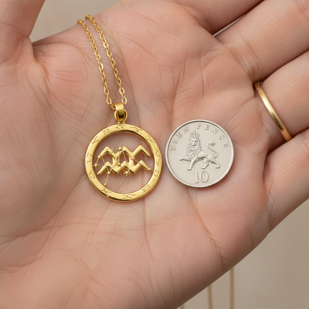 Aquarius Symbol Zodiac Pendant Necklace, 25mm Aquarius Constellation Pendant, Water Bearer Astrology Necklace, 9K Gold, Sterling Silver or Yellow Brass Gift