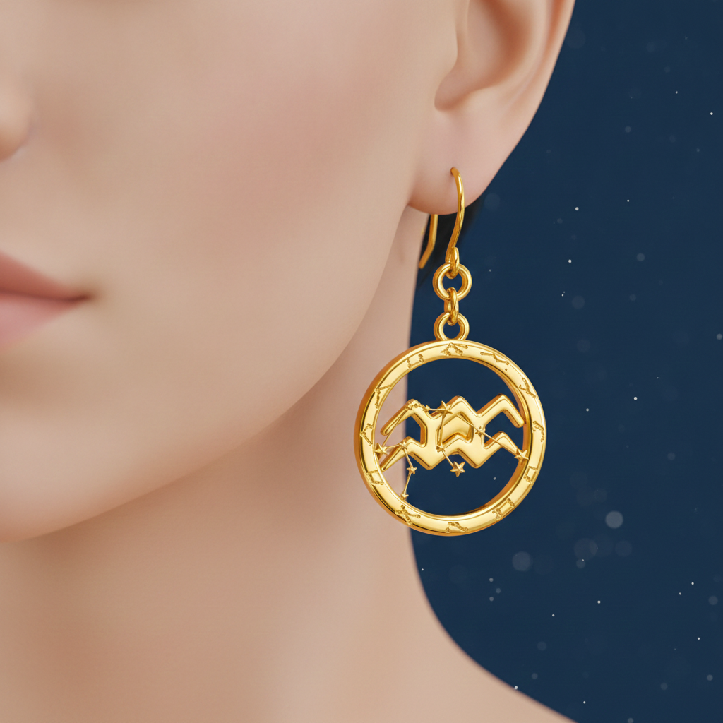 Aquarius Zodiac Stud Earrings, 18mm Astrology Earrings, Water Bearer Constellation Earrings, 9K Gold, Sterling Silver or Yellow Brass Gift