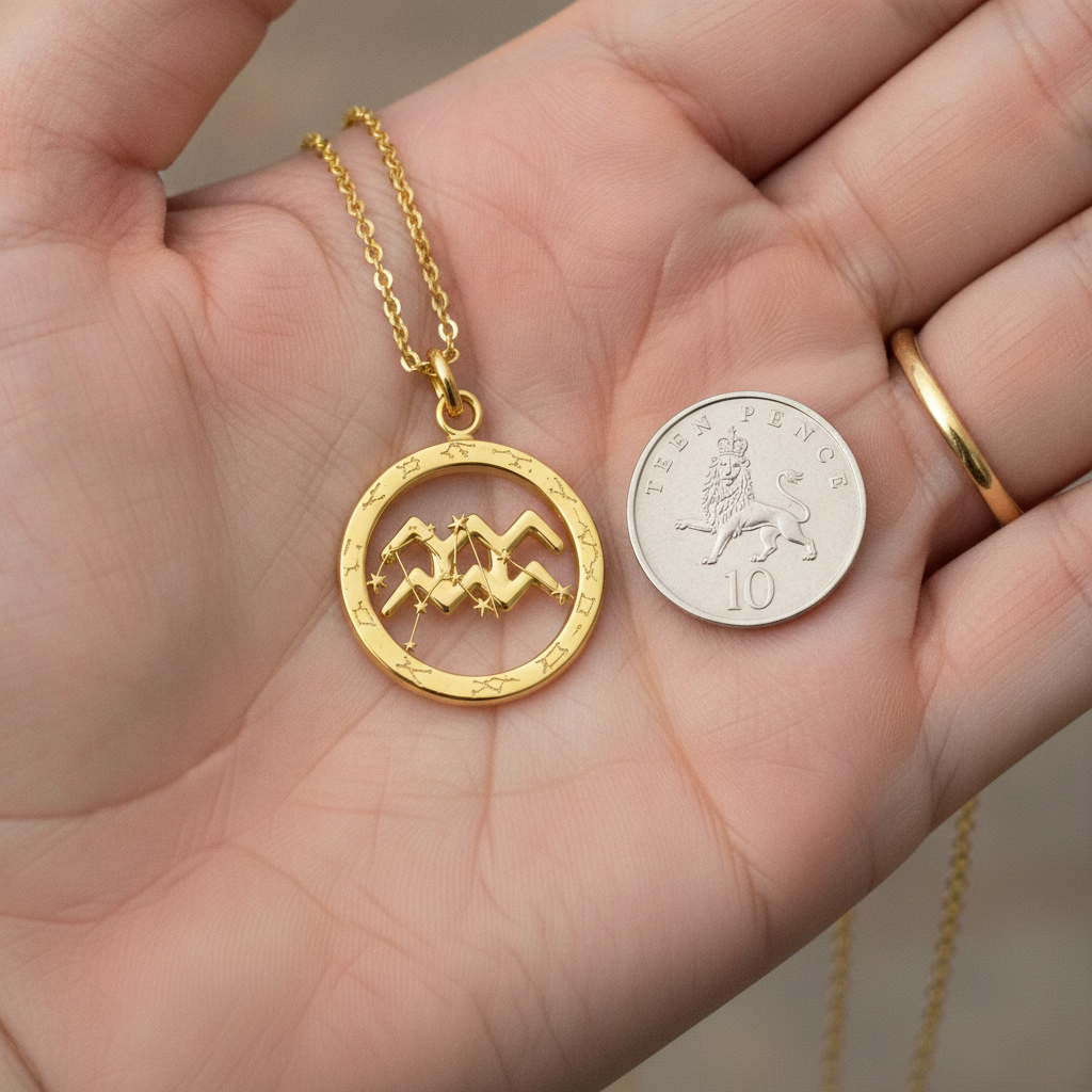 Aquarius Symbol Zodiac Pendant Necklace, 25mm Aquarius Constellation Pendant, Water Bearer Astrology Necklace, 9K Gold, Sterling Silver or Yellow Brass Gift