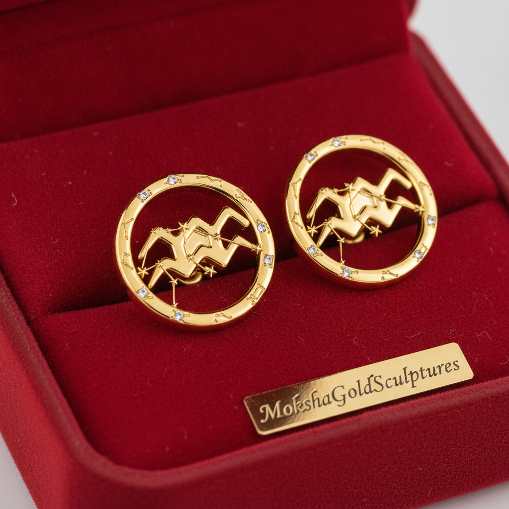 Aquarius Zodiac Stud Earrings, 18mm Astrology Earrings, Water Bearer Constellation Earrings, 9K Gold, Sterling Silver or Yellow Brass Gift