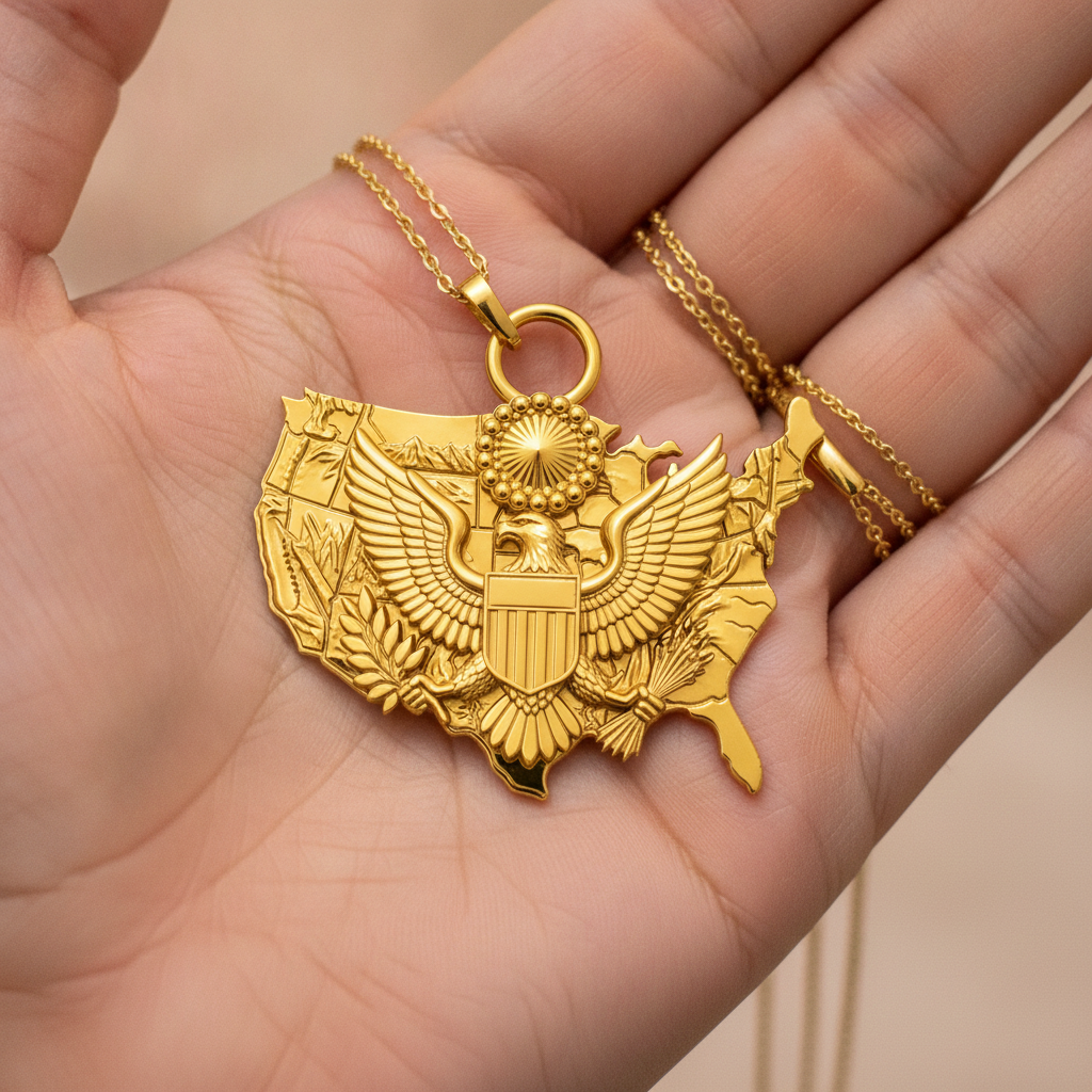 USA Eagle Map Pendant Necklace, 250th Anniversary America Necklace, 9K Gold, Sterling Silver or Brass, Patriotic Gift, USA Map Jewellery