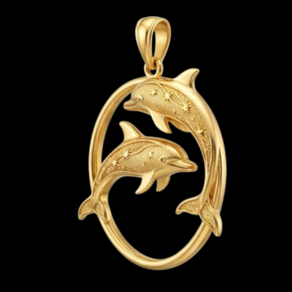 The Dolphin Pendant in gold or sterling silver by MokshaGoldSculptures, two dolphins in an oval, engraved finish.