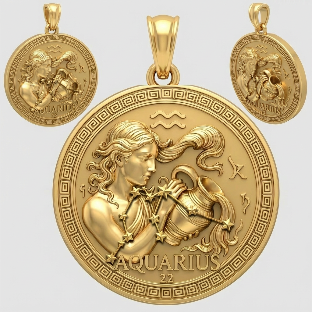 Aquarius Zodiac Pendant 3D – Woman Pouring Water, Gold or Silver, 20x5x23mm, Astrology Jewelry Gift for Aquarians