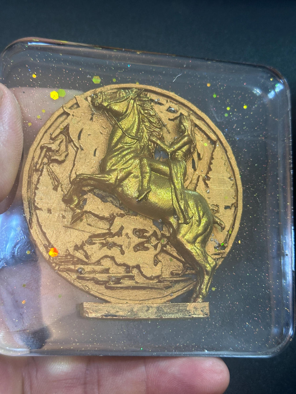 Handmade Horse and Rider Coaster – Bronze and Gold Resin Equestrian Art