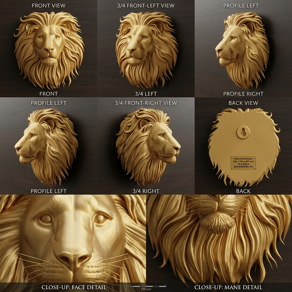 Lion Head Wall Mount PLA Sculpture 250mm | 3D Printed Lion Wall Art | Large Wall Decor | Handmade Animal Sculpture