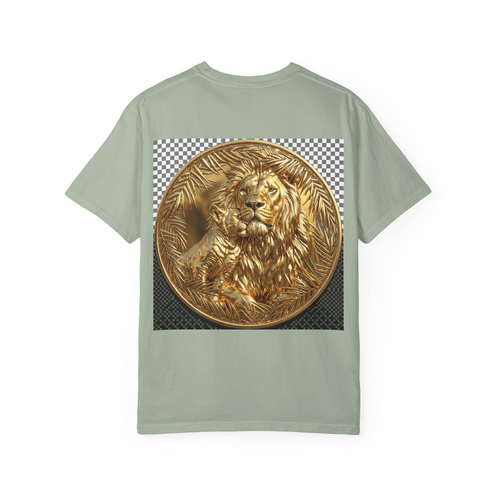 Majestic Lion with Cub Hugging Powerful Father and Cub Wildlife Gold Print T-Shirt