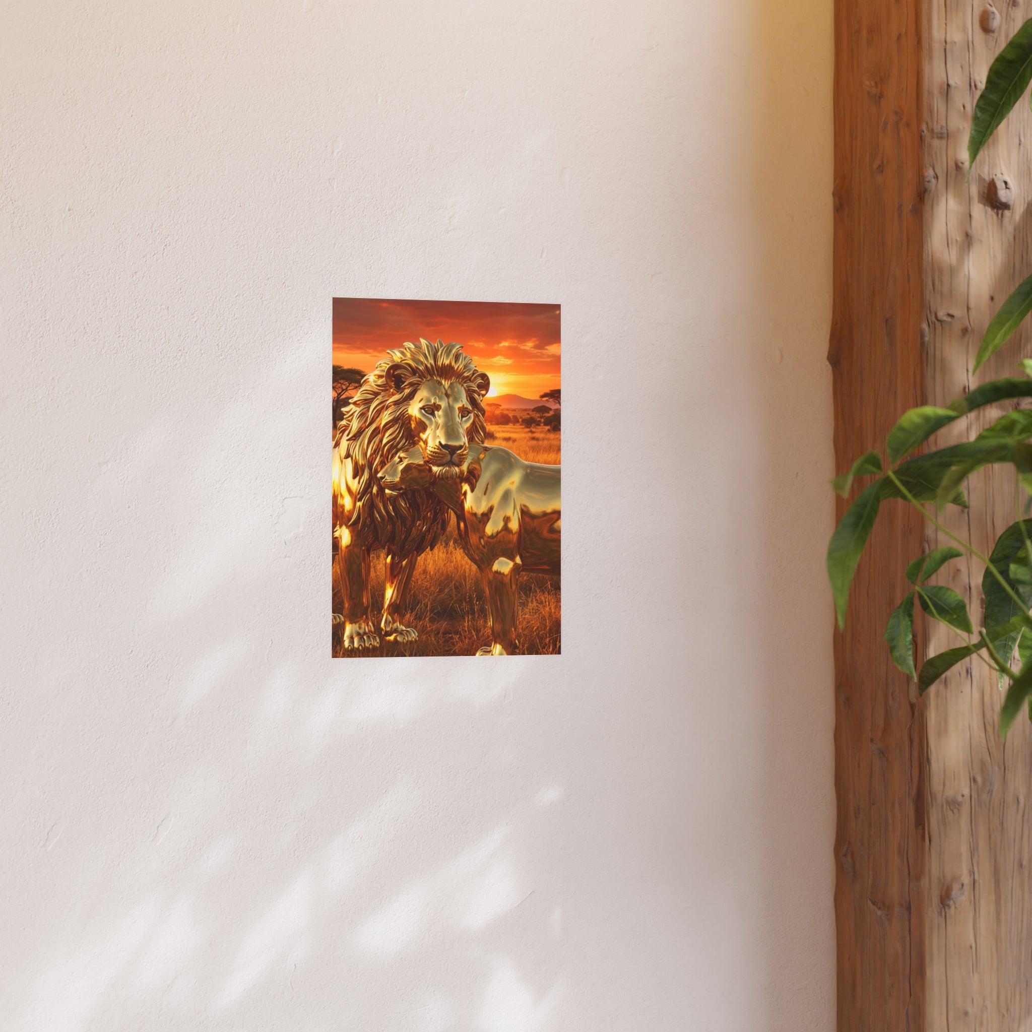 Golden Lion Art Poster — Metallic Sunset Wildlife Print