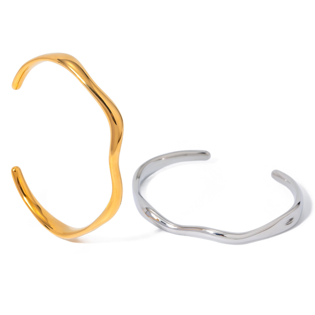 18K Gold Plated Open Bangle Bracelet - Minimalist Stainless Steel Cuff
