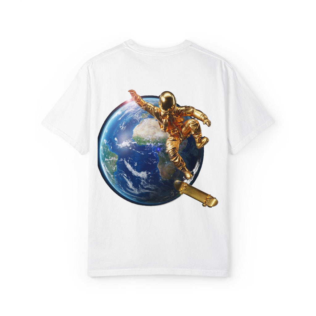 Golden Astronaut Skateboard Soaring High Futuristic Cosmic Ride in Style