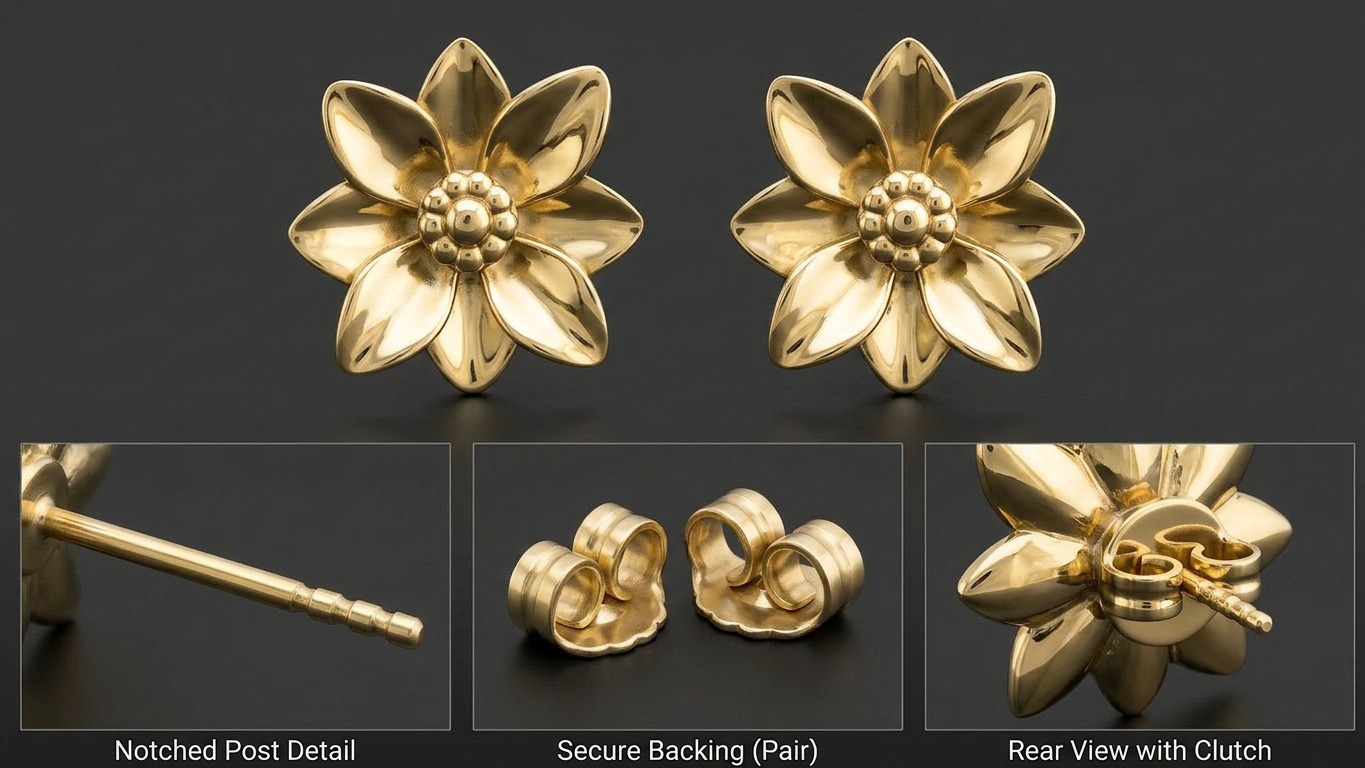 Polished Brass Flower Stud Earrings in high polish finish by MokshaGoldSculptures.