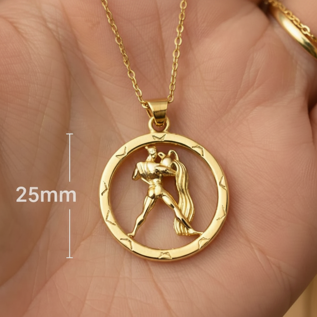 25mm Aquarius Zodiac Pendant Necklace, Men's Water Bearer Necklace, 9K Gold, Sterling Silver or Brass, Astrology Jewellery Gift