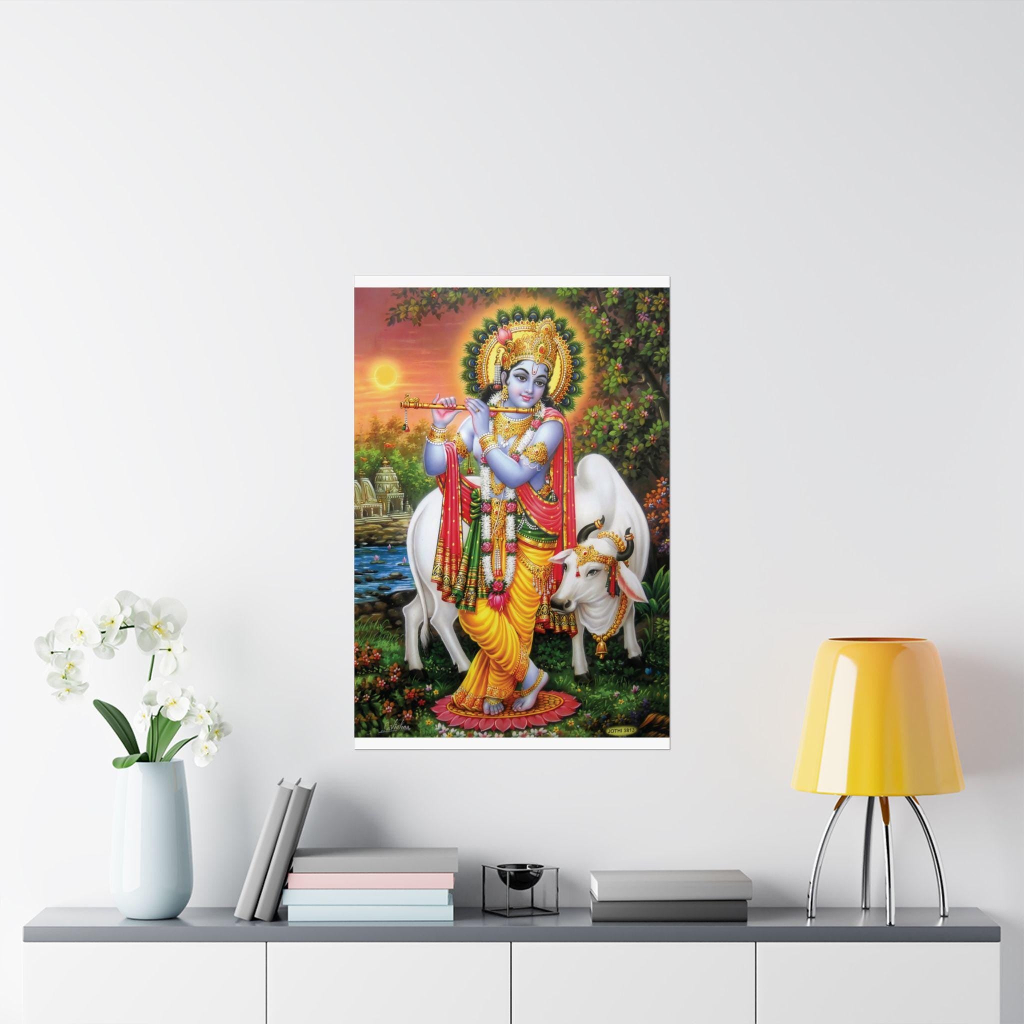 Krishna Playing Flute Matte Vertical Poster | Hindu Devotional Wall Art