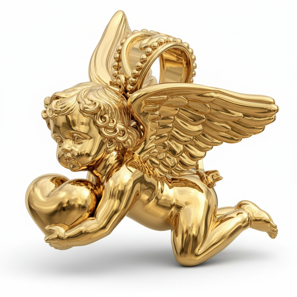 Golden Cherub with Heart Pendant Necklace | Angel of Love & Protection | 9K Gold, Sterling Silver or Polished Brass | Handmade Religious Jewelry Gift