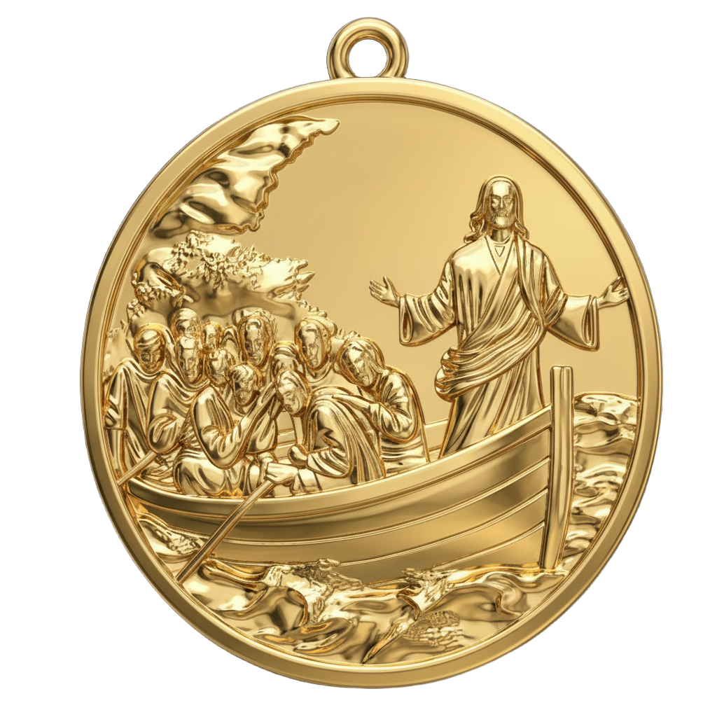 Jesus Calms the Storm Coin Pendant Necklace | 30mm Christian Medallion | 18K Gold, Sterling Silver or Yellow Brass | Religious Gift