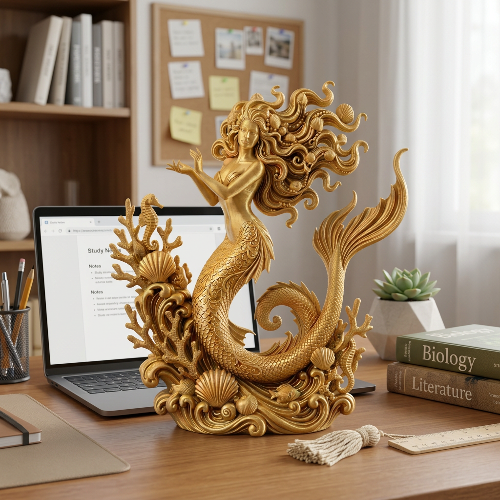 The Golden Mermaid Statue in gold finish by MokshaGoldSculptures, detailed scales and flowing hair, 250mm.