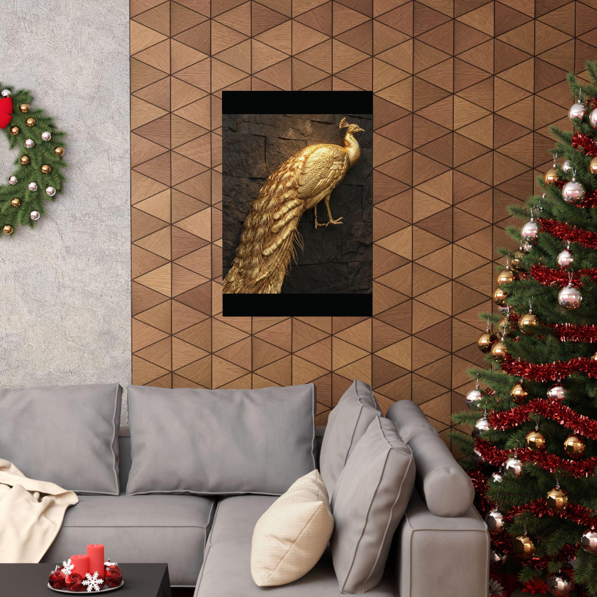 Golden Peacock Poster on Dark Brick Wall, Exotic Wildlife Wall Art, Elegant Home Decor